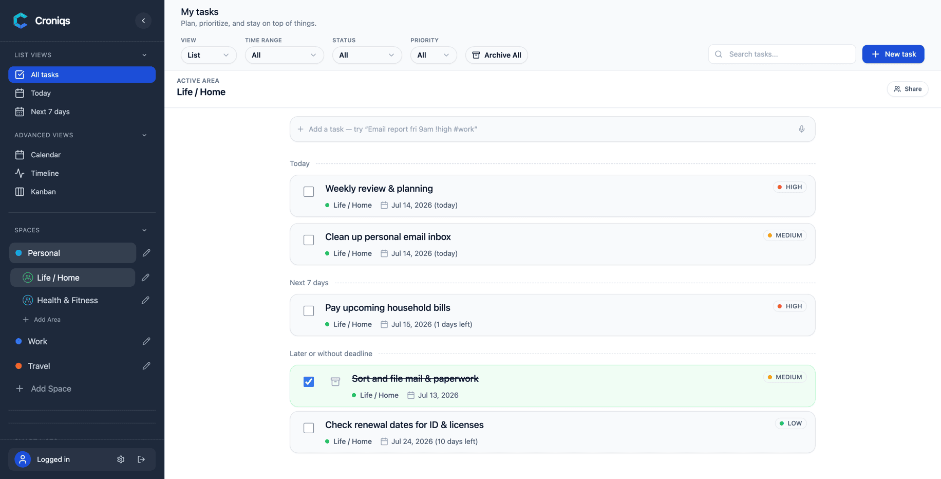 Croniqs task manager showing tasks in list, calendar, kanban and timeline views